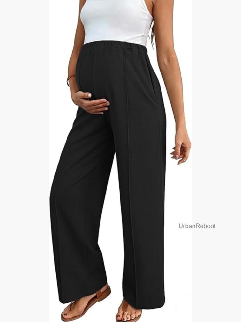 Maternity Pants Work Adjustable Waist Wide Leg Waffle Knit Trousers with Pockets
